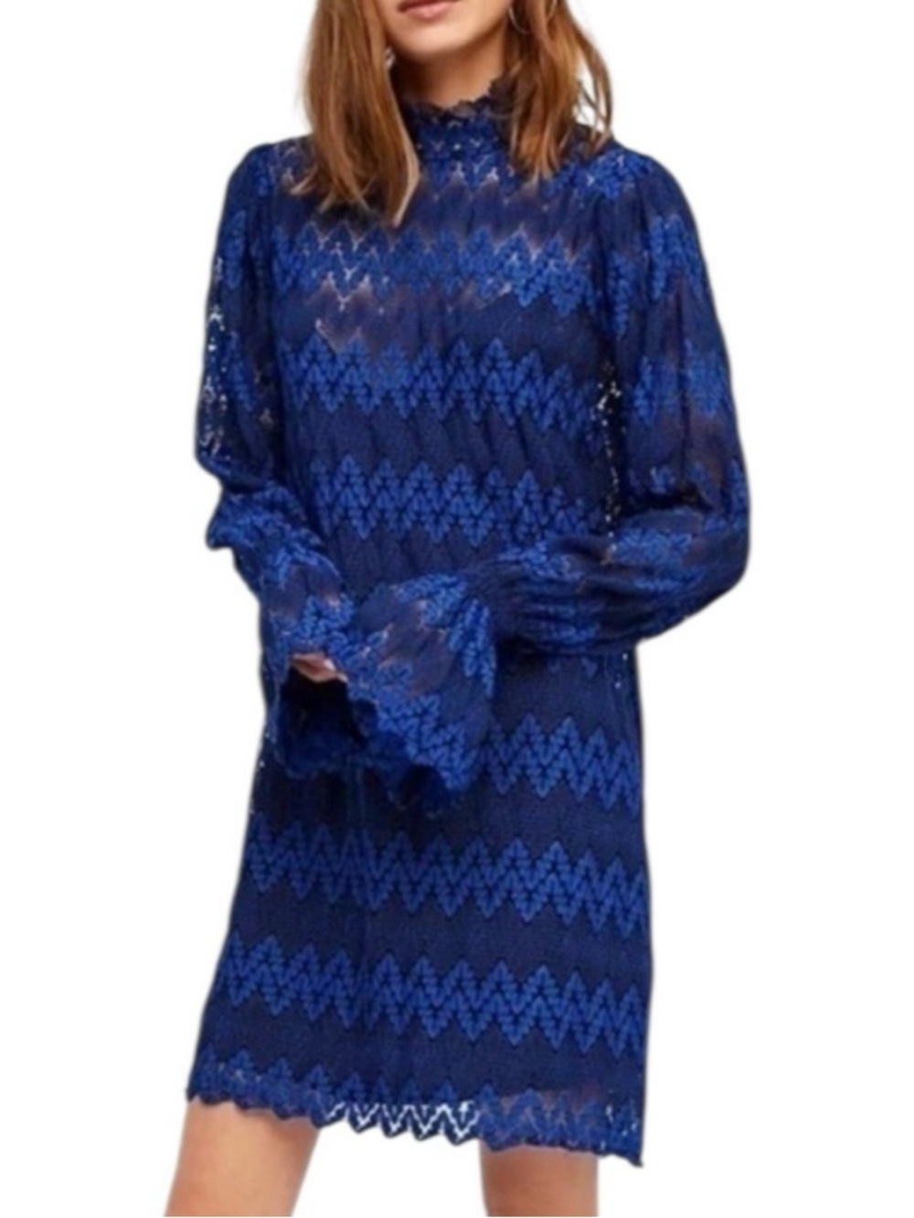 FREE PEOPLE Simone Blue Black Lace Mini Shift Dress Medium